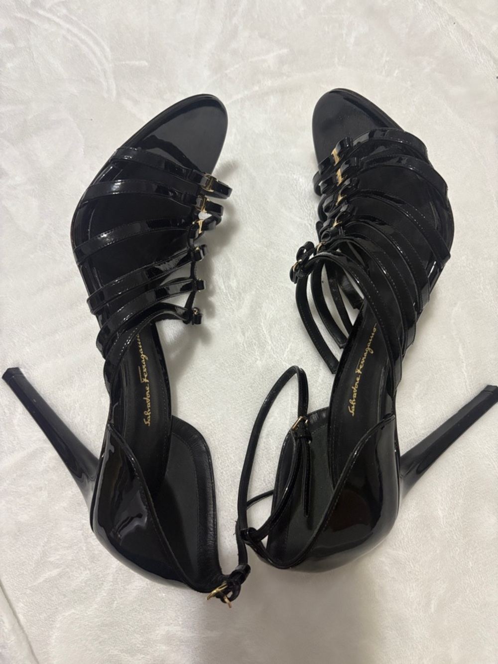 Salvatore Ferragamo Black Multi-Strap Leather Heels with Gold Accents - Picture 4 of 6